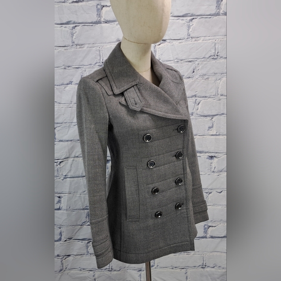 Burberry Double Breasted Pea Coat Jacket Zip Cuffs Peplum Pleated Gray Wool 2 US - Picture 2 of 16
